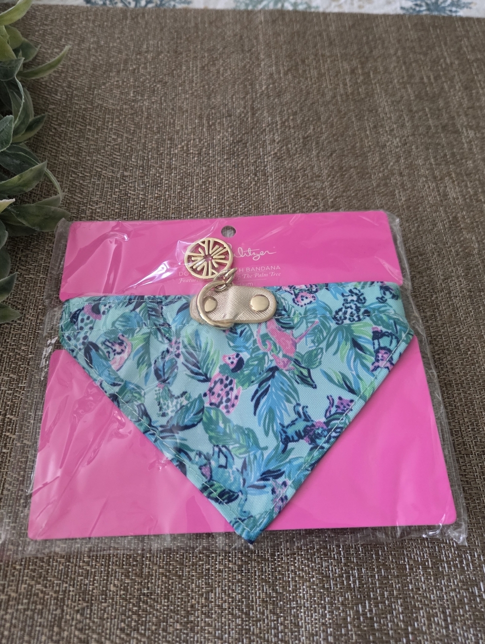 Lilly Pulitzer Teal Tropical Leaf Pet Bandana with Gold Charm
